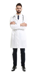 Young male doctor in uniform isolated on white