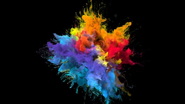 Color Burst iridescent multicolored colorful rainbow smoke powder explosion fluid ink particles slow motion alpha matte isolated on black
