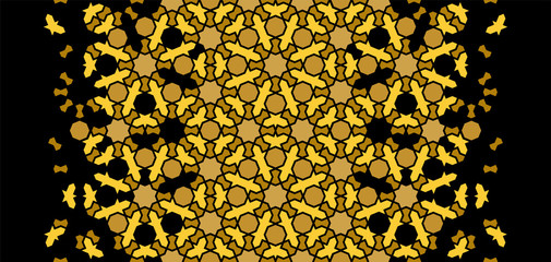 Arabesque vector seamless pattern. Geometric halftone texture with black and gold tile disintegration or breaking