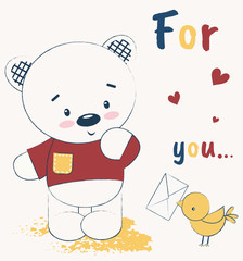 Cute Teddy bear and a bird with a letter. Vector illustration, children card printing, can be used to print t-shirts, kids wear fashion design.