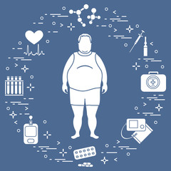 Fat man with medical devices, tools and drugs around him. Health and treatment.