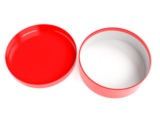 Round box. Open red carton with lid. 3d rendering illustration isolated