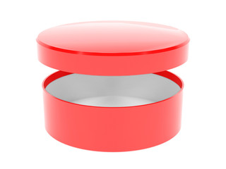 Round box. Open red carton with lid. 3d rendering illustration isolated