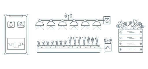 Smart farm and agriculture. Monitoring and control of temperature, humidity, light level. Cultivation of plants. New technologies. High yield.