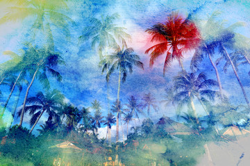 Fototapeta na wymiar Watercolor beautiful retro tropics palm trees background