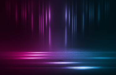 Empty background scene. Dark street reflection on wet asphalt. Rays of neon light in the dark, neon...