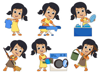One day the kid helps parents do many things such as mopping,laundry,washing clothes, ironing,Clean a dish.
