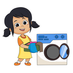 Kid help their parents wash cloths with washing machine.