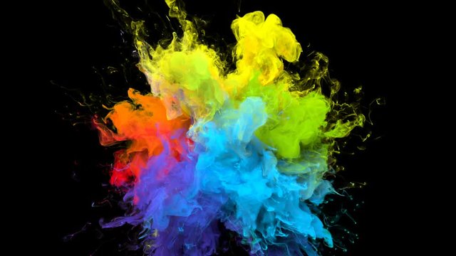 Color Burst iridescent multicolored colorful rainbow smoke powder explosion fluid ink particles slow motion alpha matte isolated on black