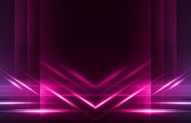 Fototapeta premium Empty background scene. Dark street reflection on wet asphalt. Rays of neon light in the dark, neon figures, smoke. Background of empty stage show. Abstract dark background.