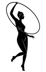 Silhouette of a cute lady. Girl gymnast involved in sports. Twists the hoop. The woman is young and slim, with a beautiful figure. Vector illustration