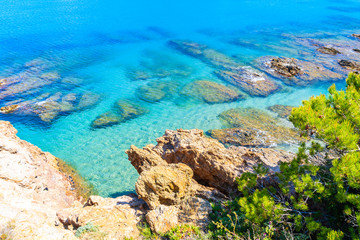 Fototapeta na wymiar Rocks in azure sea water near Sa Riera village, Costa Brava, Spain