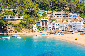 White houses of Sa Riera village and idyllic sea bay with beach, Costa Brava, Spain