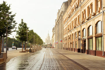 Fototapeta na wymiar Moscow russia street, old historical center, morning
