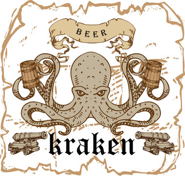 vector image of a vintage beer label with a picture of kraken on a barrel with a beer mug in the style of an old engraving