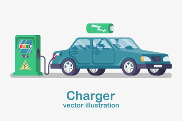 Station car charger. Electric refueling. Green eco transportation. Vector illustration flat design. Isolated on white background. Modern electric cars. Energy vehicles. Vehicle cartoon style.