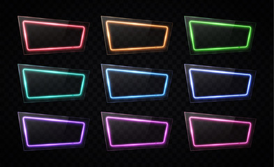 Neon light banners set on black background. Led lamp shining electric frame. Colorful rectangle sign. Button design for internet web game night club casino. Retro signboard. Bright vector illustration