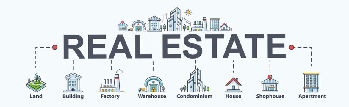 Real estate banner web icon for property and investment. Land, building, factory, warehouse, condominium, shophouse and apartment. Minimal vector infographic.