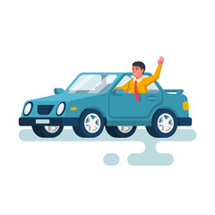 Human driving car. Happy young man waving hand. Vector illustration flat design. Isolated on white background. Cartoon style. Auto goes on the road.