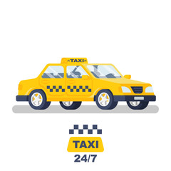 Taxi car. Taxi service. Vector illustration flat design. Isolated on white background. Information banner can be a template for web applications. Cartoon style.