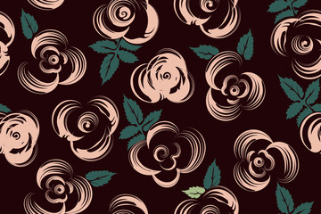 Obraz premium Seamless vector floral pattern, stylized roses on a dark background, delicate pink flowers