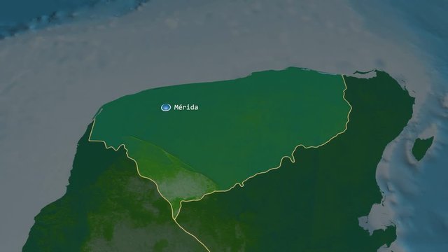 Yucatan - state of Mexico zoomed on the physical map of the globe. Animation 3D