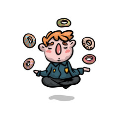 Cute policeman doing yoga meditation but thinking about donuts