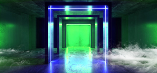 Smoke Neon Lights Rectangle Glowing Green Blue Sci Fi Virtual Futuristic Club Stage Alien Spaceship Concrete Cement Grunge Tunnel Corridor Hall Garage Room Underground 3D Rendering