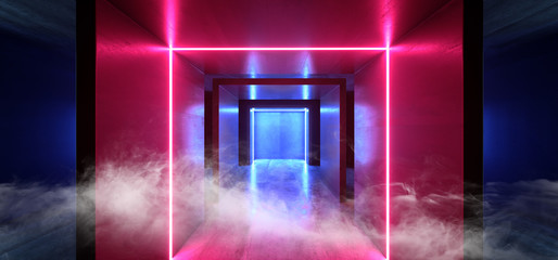 Smoke Neon Lights Rectangle Glowing Purple Blue Sci Fi Virtual Futuristic Club Stage Alien Spaceship Concrete Cement Grunge Tunnel Corridor Hall Garage Room Underground 3D Rendering