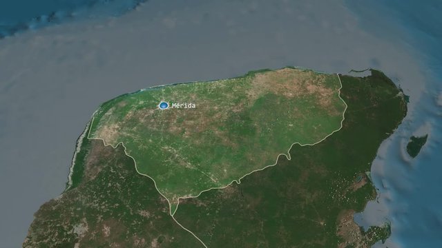 Yucatan - state of Mexico zoomed on the satellite map of the globe. Animation 3D