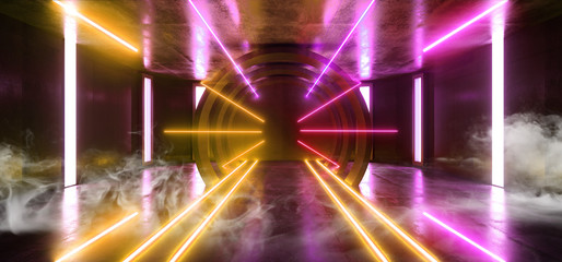 Smoke Futuristic Neon Lights Sci Fi Glowing Purple Orange Virtual Vibrant Underground Garage Tunnel Corridor Grunge Concrete Reflection Dark Empty Circle Shapes 3D Rendering