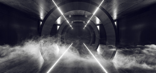 Smoke Futuristic Neon Lights Sci Fi Glowing White Virtual Underground Garage Tunnel Corridor Grunge Concrete Reflection Dark Empty Circle Shapes 3D Rendering