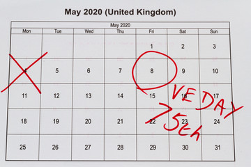 Monthly calendar with 4 May crossed out and 8 May 2020 VE Day circled