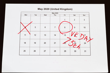Monthly calendar with 4 May crossed out and 8 May 2020 VE Day circled,landscape