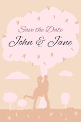Silhouette of a couple in love standing under a tree on background urban landscape, sky and clouds. Wedding vector outdoor invite invitation thank you, rsvp card. Cartoon template, romantic layout.
