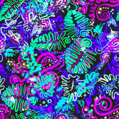 Floral Tropical Gingko Leaves background in neon colors, bright print for textile, cloth, wallpaper, scrapbooking, wrapping. . seamless pattern