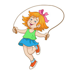Little girl is jumping across the rope. In cartoon style. Isolated on a white background. Vector illustration.