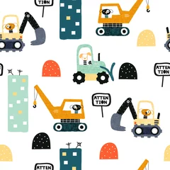 Stickers pour porte Voitures Modèle sans couture avec chien travailleur et transports lourds. Impression amusante pour enfants. Illustration vectorielle dessinés à la main.