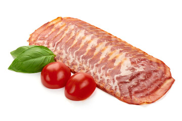 Prosciutto meat slices, Italian ham, close-up, isolated on white background
