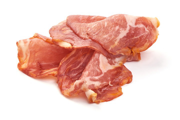 Prosciutto meat, Italian smoked ham, close-up, isolated on white background