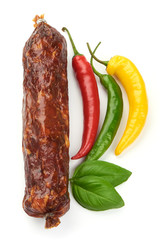 Smoked sausage, Italian dry meat, top view, isolated on white background