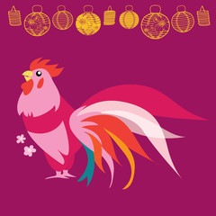 Vector Chinese New Year Pink Rooster Illustration with lanterns.