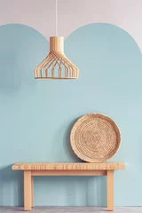 Fotobehang Boho Wicker chandelier above wooden bench in bright living room interior  © Photographee.eu