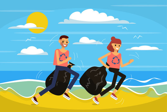 Couple is jogging on the beach picking up litter. Trendy sport plogging which helps to save environment.