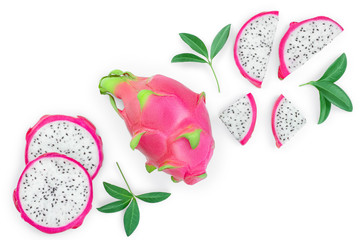 Dragon fruit, Pitaya or Pitahaya isolated on white background with copy space for your text. Top view. Flat lay