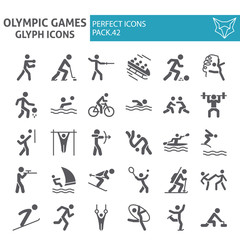 Olympic games glyph icon set, sport symbols collection, vector sketches, logo illustrations, sportsman signs solid pictograms package isolated on white background.