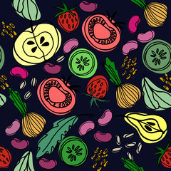 Hand drawn seamless pattern with fruit and vegetables for surface design, posters, illustrations. Healthy foods theme