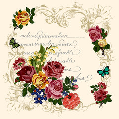 Victorian roses, butterflies in French scroll frames, with French script in background. This vector image is great for greeting cards, wedding invitation, Victorian style projects. Beige background. 