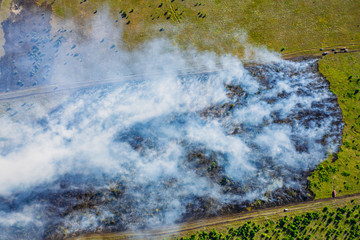 Big smoke from forest fire, burning dry grass and trees from summer hot, aerial view