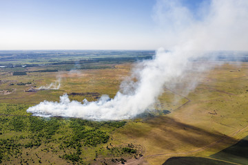 Wild fire in summer field with huge smoke from dry grass, aerial view